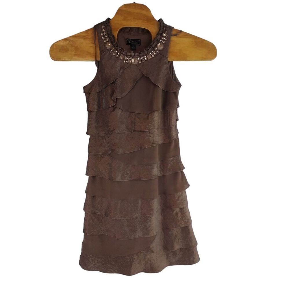 Dressbarn Women 6 Brown Beaded Neckline Tiered‎ Ruffle Sleeveless Cocktail Dress